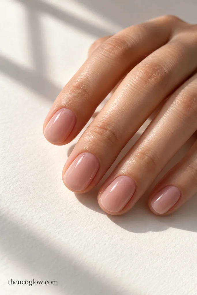 Short oval nails with semi-sheer milky rose-beige polish showing subtle natural nail depth.