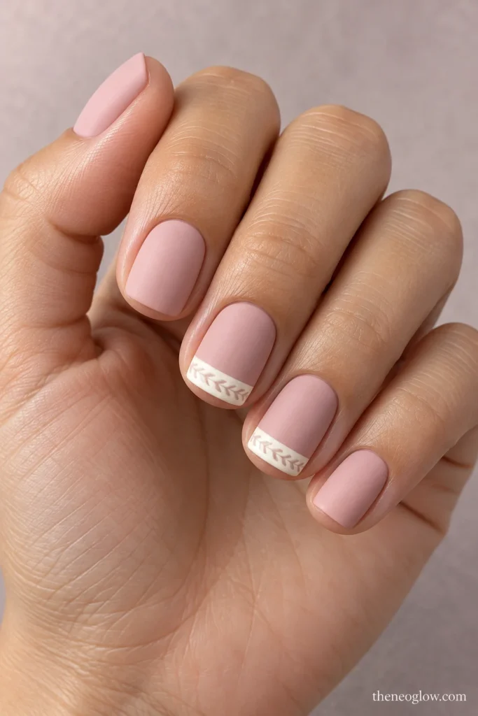 Short matte powder-blush square nails with narrow ivory knit-stitch bands on the middle and ring fingertips.