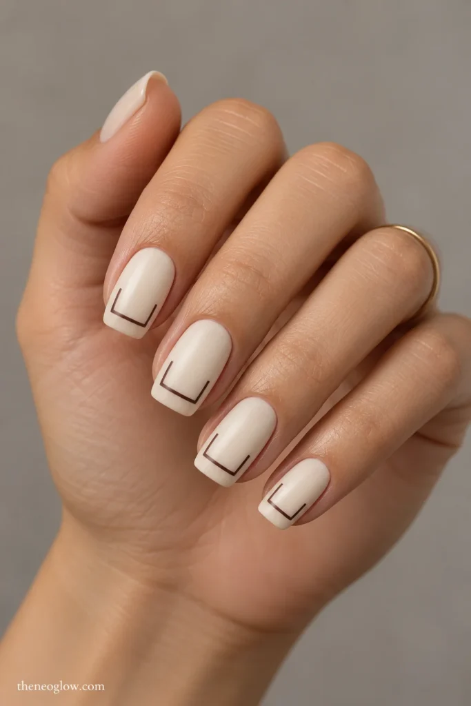 Medium bone-cream satin squoval nails with slim squared espresso-brown U-shaped collars around the lower third.