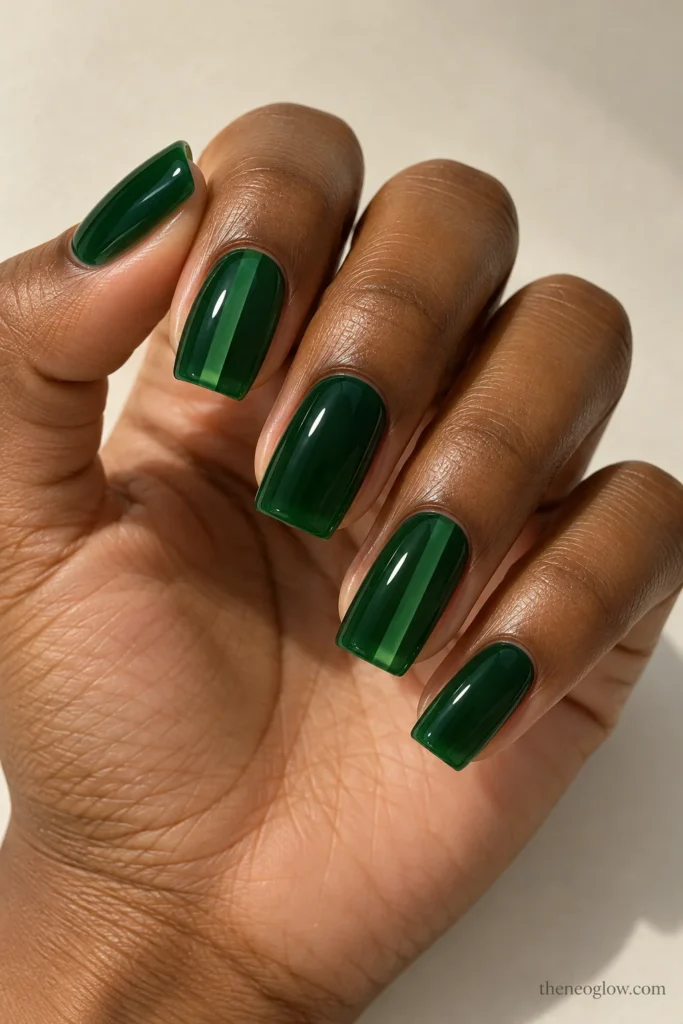 Medium square bottle-green jelly nails with translucent vertical green strips on the index and ring fingers.