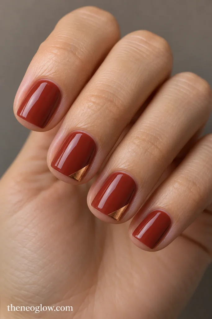 Short brick-red square nails with tiny copper triangular corner caps on two fingers.