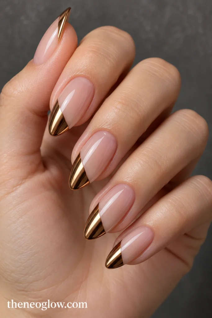 Soft-square nails with overlapping terracotta and peach French-tip triangles and a clear notch.