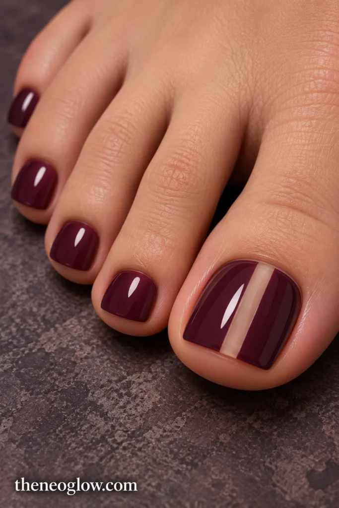 Muted taupe pedicure with a bronze chrome outer-side panel on the big toenail