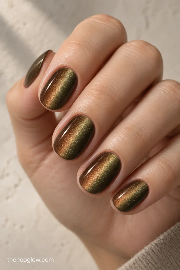 Short oval nails with a diffuse bronze-to-olive magnetic velvet shift