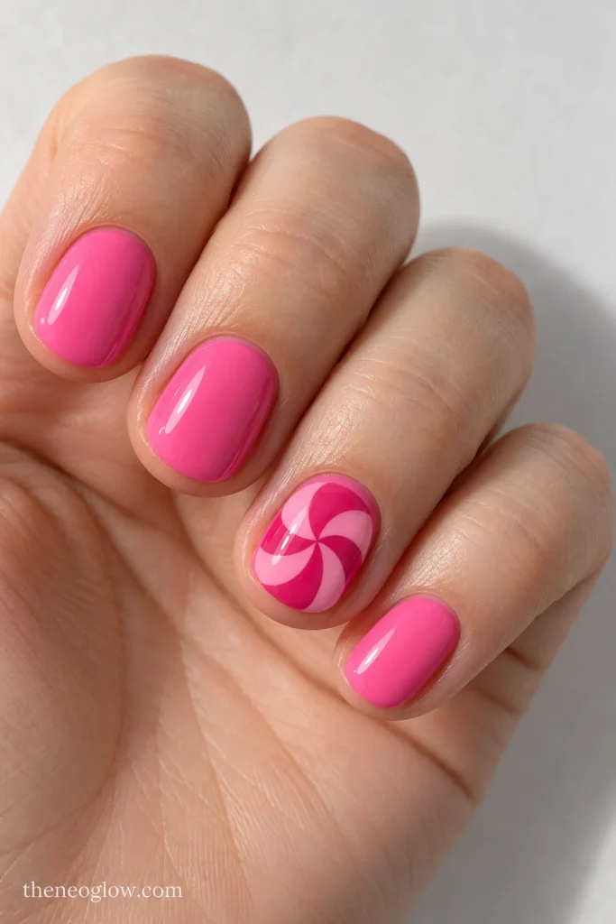 Short glossy bubblegum-pink round nails with a raspberry spiral peppermint disc on one ring finger.