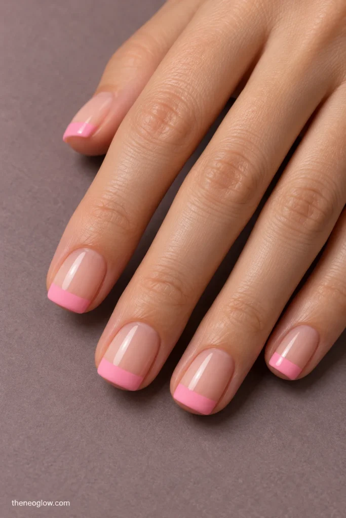 Short square nails with straight opaque bubblegum-pink French bands and sheer beige-pink bases.