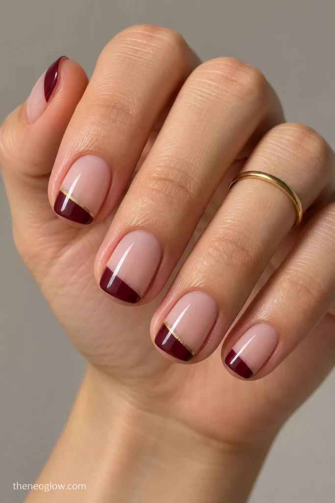 Short soft-square nails with milky beige bases, slim burgundy angled tips, and fine gold seams on two accent nails.