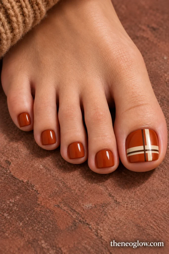 Burnt-orange pedicure with a broad cream-and-espresso plaid design on the big toenail