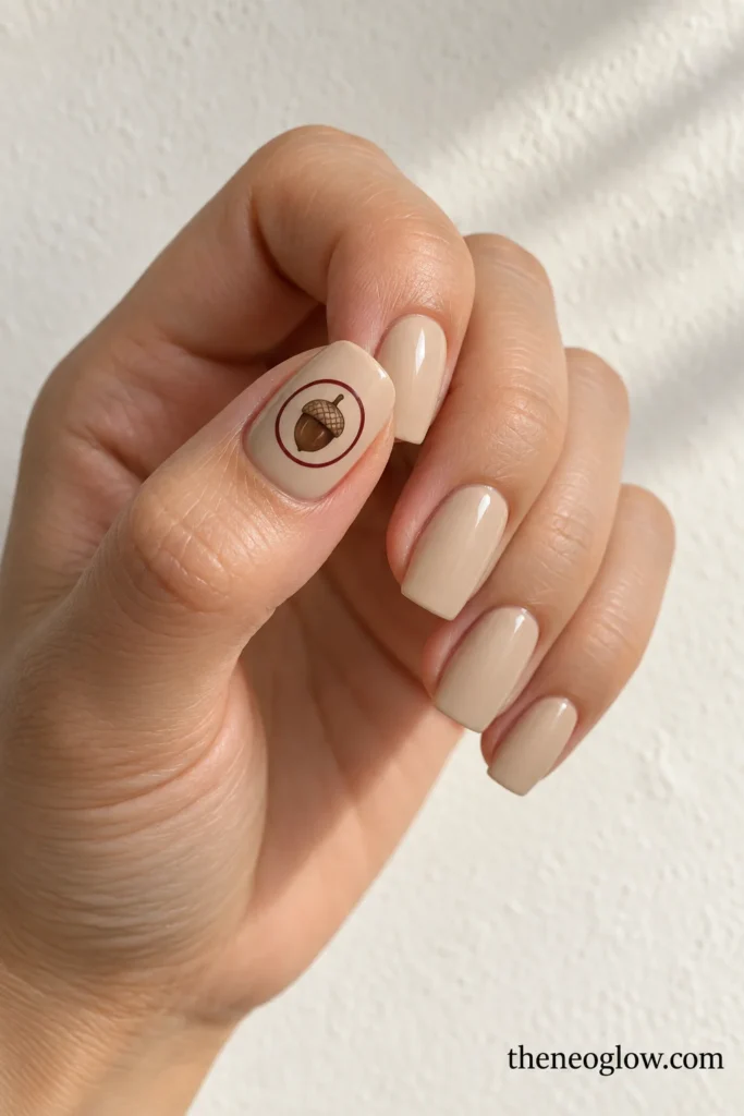 Cafe-au-lait square nails with a tiny acorn inside a wine-colored thumb medallion.