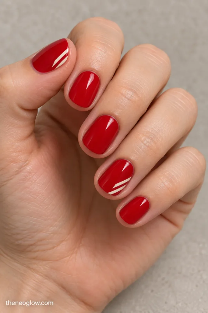 Short round cherry-red nails with two small ivory diagonal candy-cane notches on the thumb and ring finger.