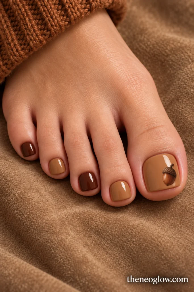 Caramel big toenail with a small chestnut acorn and alternating caramel and chestnut smaller toes
