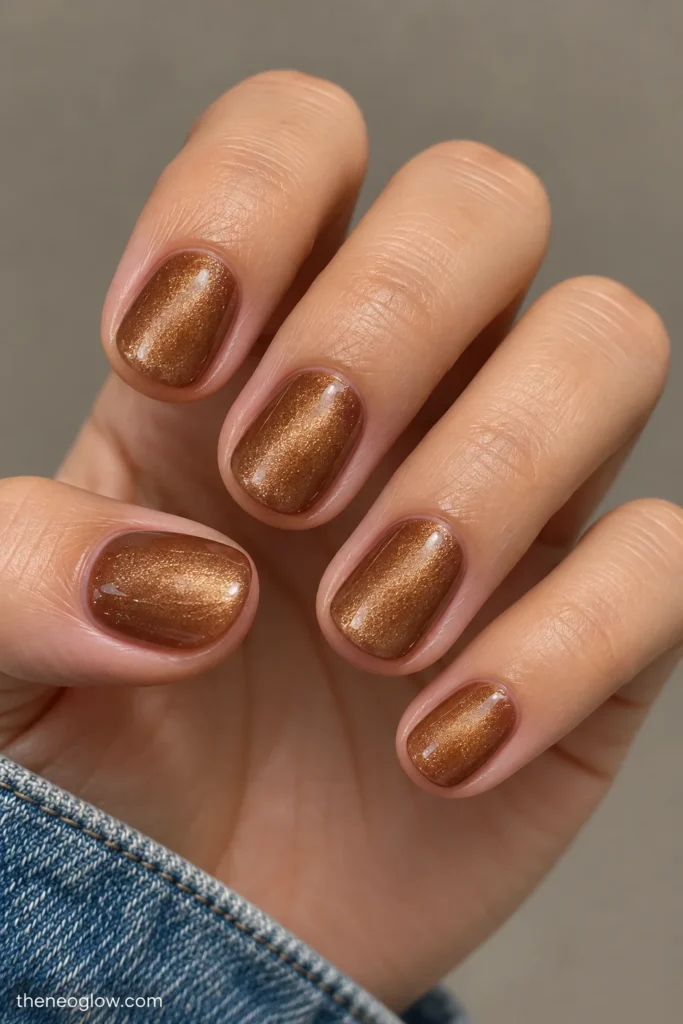Short round caramel-brown nails with an even velvet magnetic glow