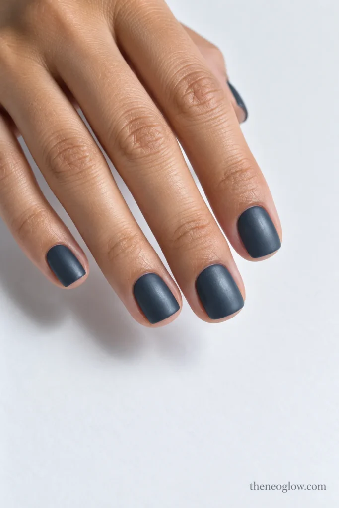 Short squoval nails painted opaque blue-gray charcoal with a smooth satin surface.