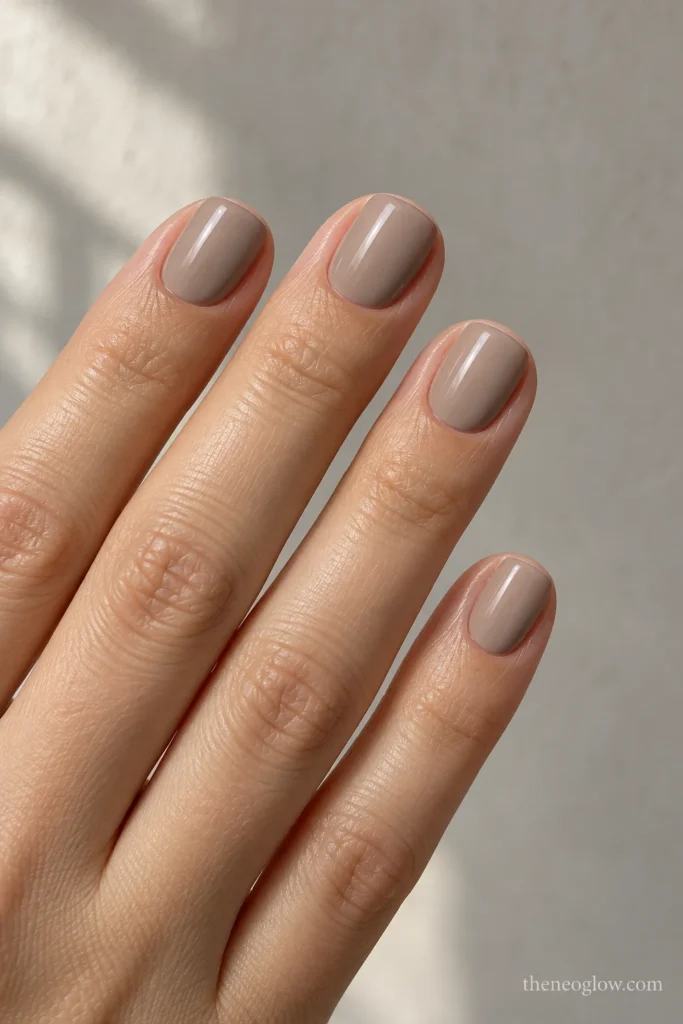Short squoval nails in glossy warm greige cream with no accent art.