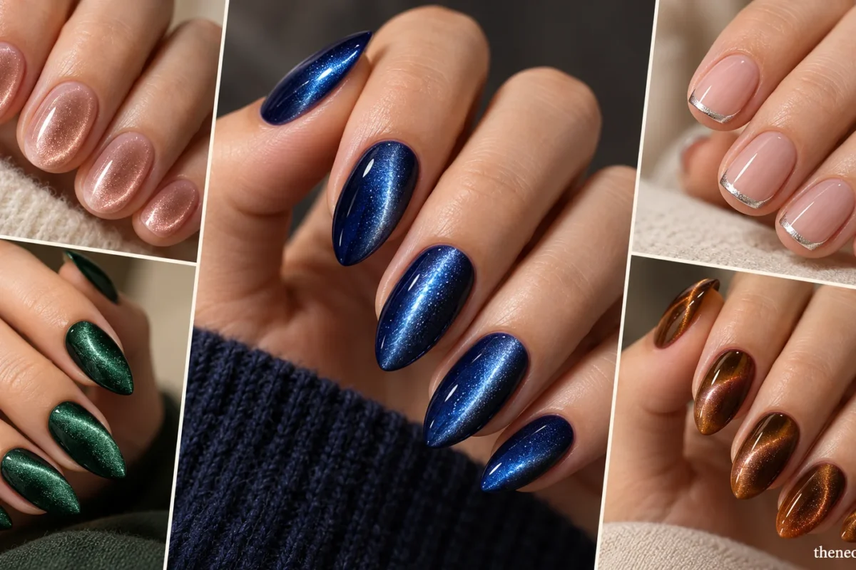 Editorial collage of blue beam, rose-gold halo, emerald velvet, silver magnetic French, and amber swirl manicures