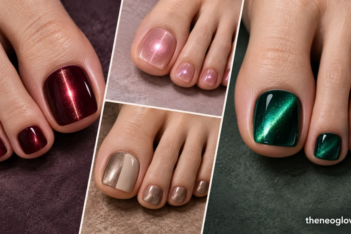 Editorial collage of burgundy, pink, taupe, and emerald magnetic cat-eye pedicures with beams, halo, and split finishes.