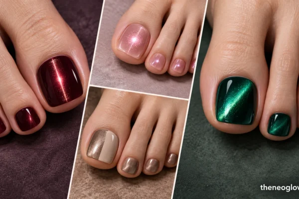Editorial collage of burgundy, pink, taupe, and emerald magnetic cat-eye pedicures with beams, halo, and split finishes.