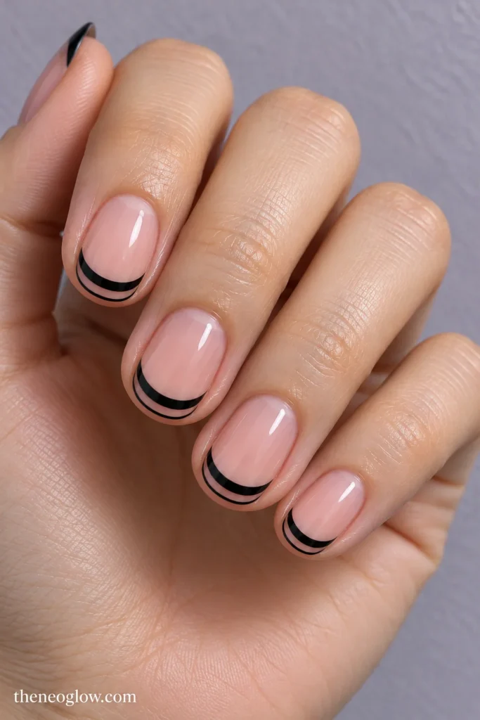 Square French tips with two black wings divided by a narrow clear slit through the free edge.