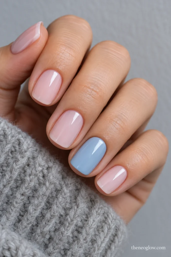 Short squoval pink-milk nails with one fully opaque chalky-blue ring-finger accent.