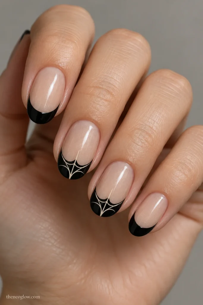 Medium oval champagne-beige nails with black French tips and fine ivory web lines rising from a shallow center notch.