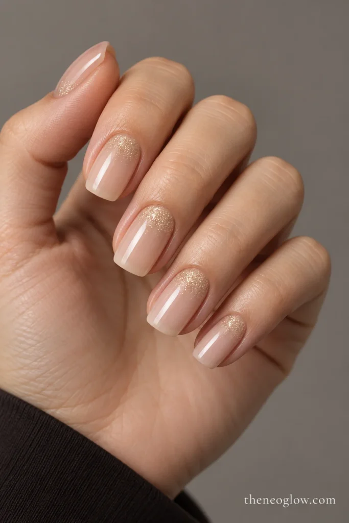 Medium squoval sheer nails with champagne shimmer fading upward from the cuticles.