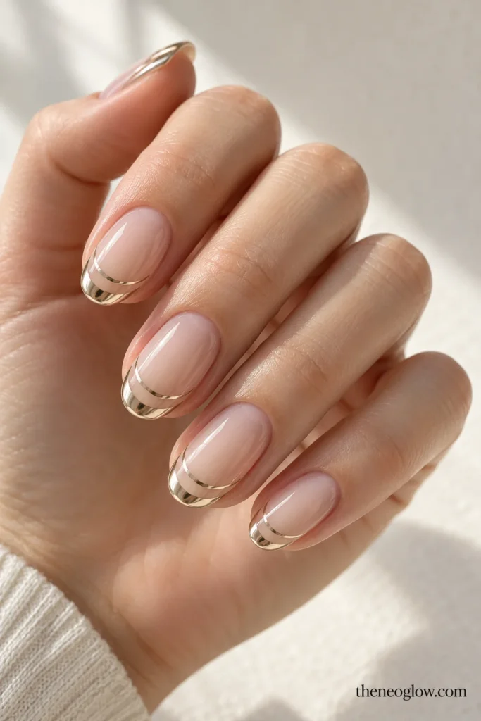 Medium oval nails with two parallel champagne-chrome French arcs separated by sheer base.