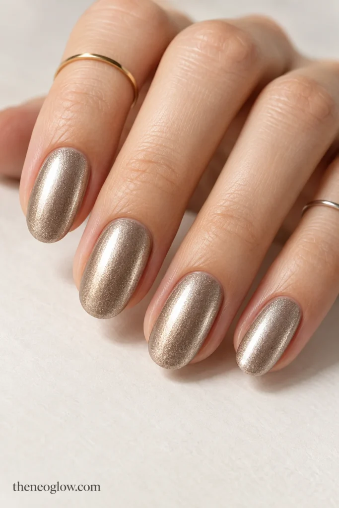 Medium oval nails coated in muted champagne-pewter polish with fine, even metallic shimmer.