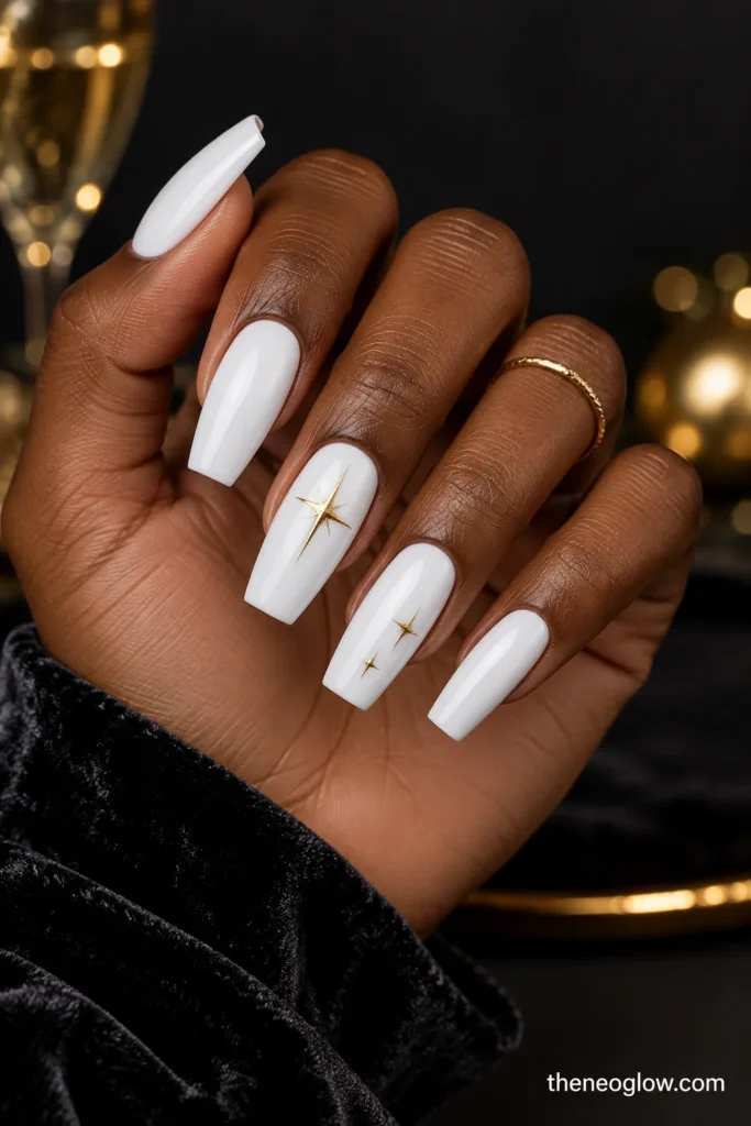 Long glossy snow-white tapered-square nails with a gold four-point starburst and two smaller gold glints on accent nails. white christmas nails