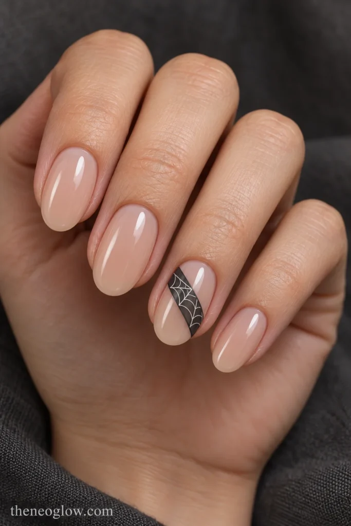 Medium oval sheer-beige nails with an ivory spiderweb woven inside a narrow diagonal charcoal sash on the ring finger.