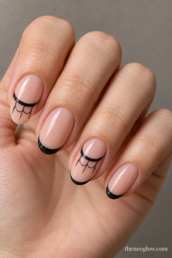 Medium oval peach-pink nails with thin charcoal French bands and tiny black spiderweb fringes hanging below two tips.