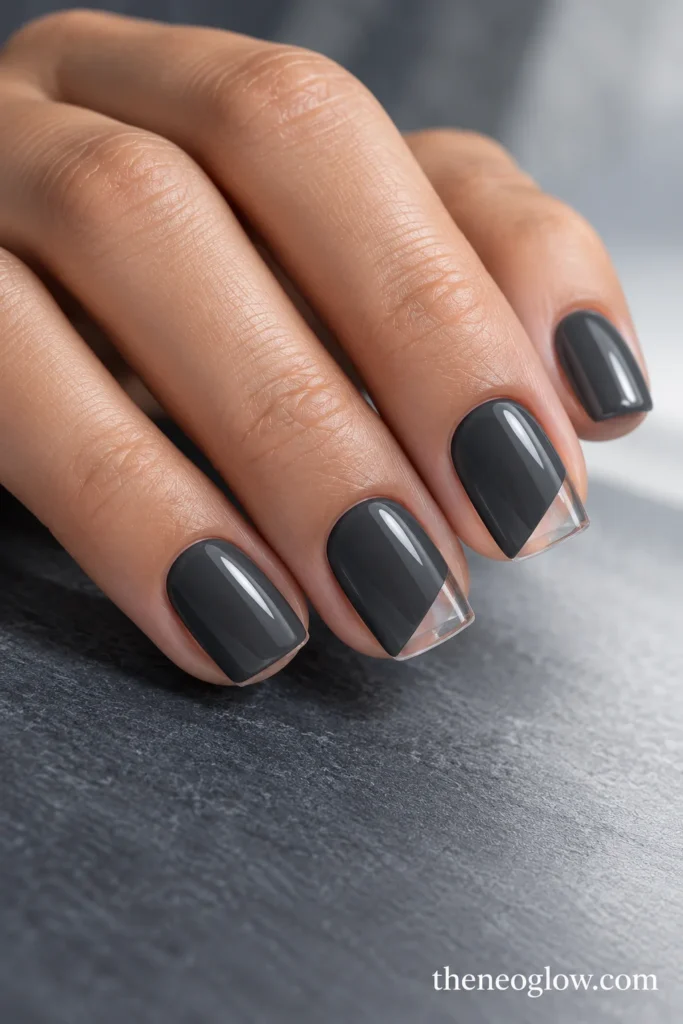 Glossy charcoal square acrylic nails with transparent triangular outer-tip windows on the middle and ring fingers.