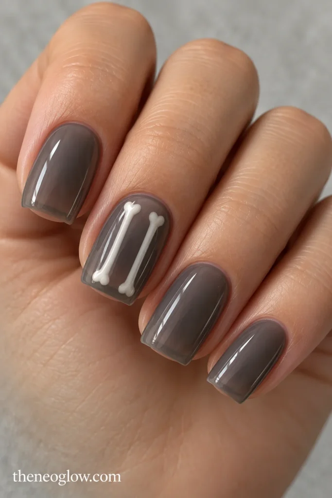Translucent slate-gray square acrylics with two slim ivory bone motifs on the middle nail.