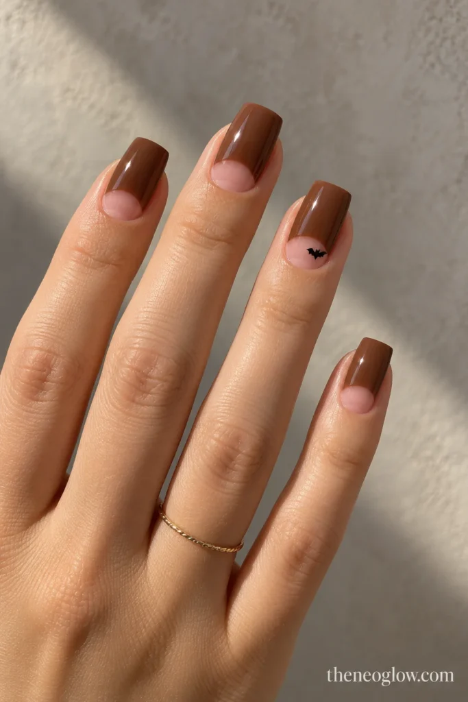 Medium chestnut soft-square acrylics with sheer rosy cuticle windows and a tiny black bat. halloween acrylic nails