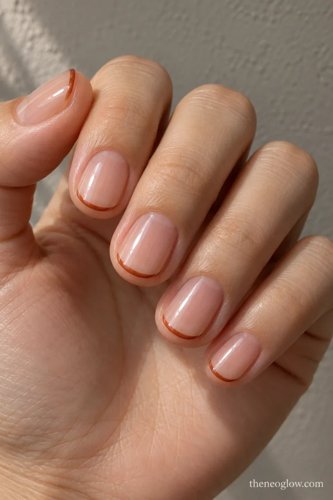 Short round nails with thin cinnamon-colored French edges over glossy sheer rosy beige.