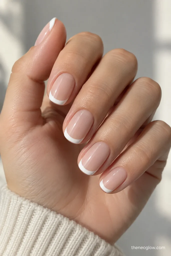 Classic white French tips with a sheer pink-beige base and clean curved smile lines.