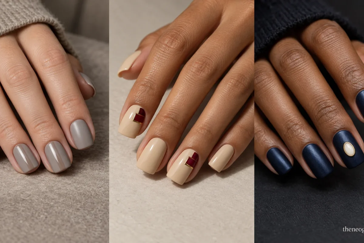 Three-part editorial collage of greige satin nails with glossy panels, praline nails with garnet Deco steps, and midnight-blue nails with oyster cameos.