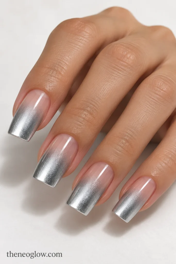 Medium tapered-square nails fading from transparent cuticle zones to opaque silver at the tips.