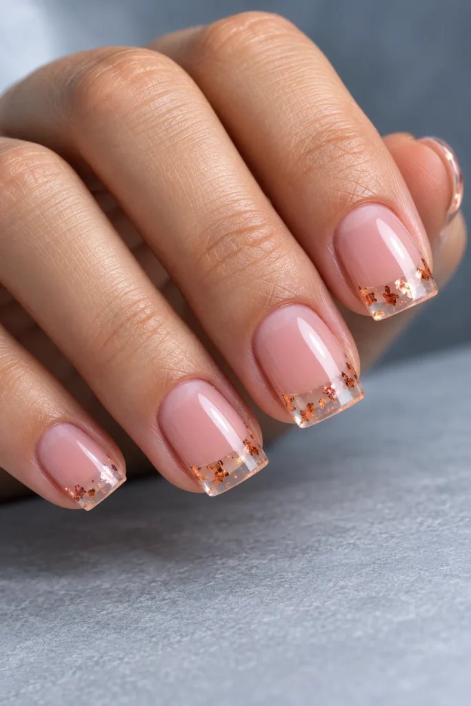 Short square acrylics with sheer rosy nail beds and transparent tips containing sparse flat copper foil.