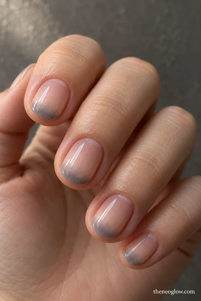 Very short round nails with sheer pink-beige bases and softly blurred cloud-gray French tips.