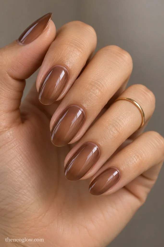 Medium oval nails with translucent cocoa jelly color and subtly deeper edges.
