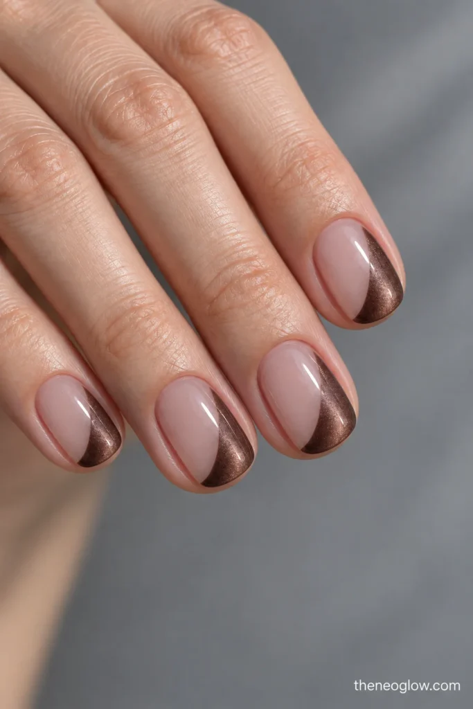 Short oval sheer nails with asymmetric cocoa magnetic side French tips