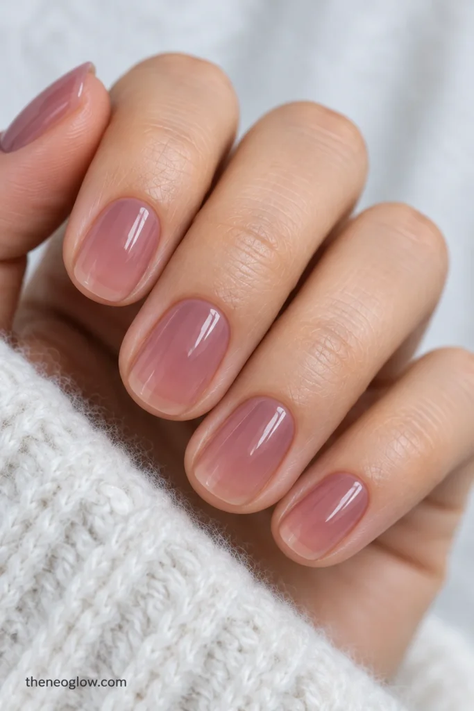Short oval nails with translucent cool rose-pink jelly polish and a glassy sheen.