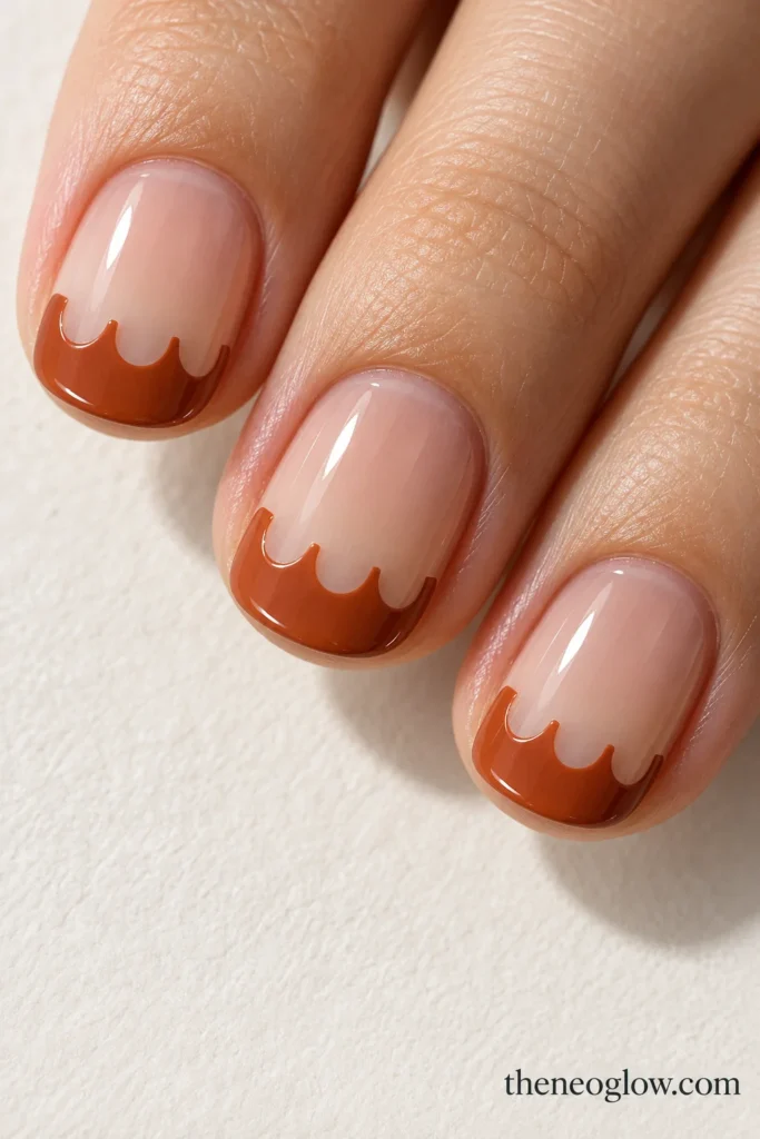 Short oval nails with copper-terra-cotta French tips interrupted by three clear semicircular notches.