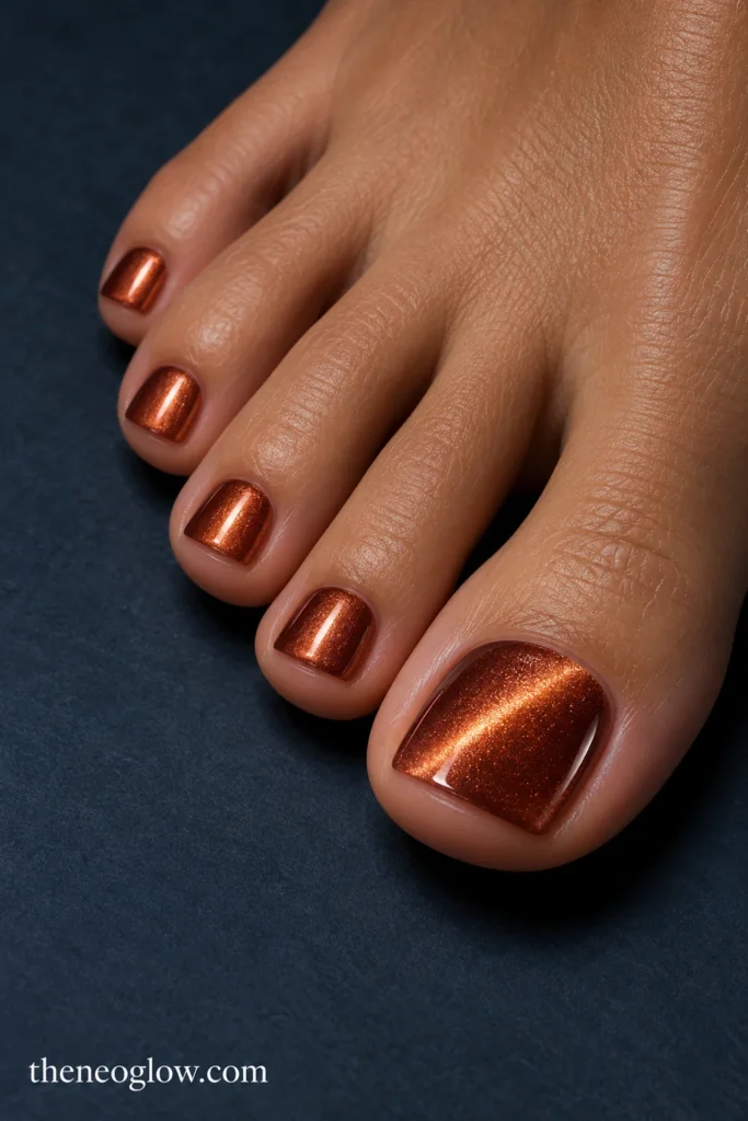 Rust-copper magnetic big toenails with broad diagonal reflective bands and smaller metallic copper toes.