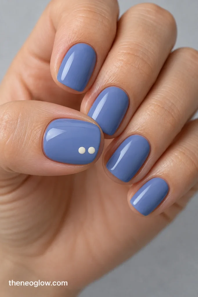 Short dusty cornflower-blue squoval nails with exactly two ivory dots on the thumbnail.