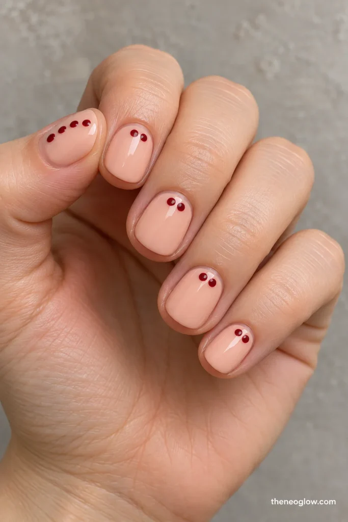 Ultra-short pale-peach round nails with small cranberry dots arranged in curved arcs near the cuticles.