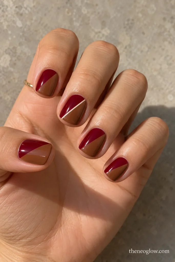 Short square nails divided diagonally into cranberry red and cider brown.