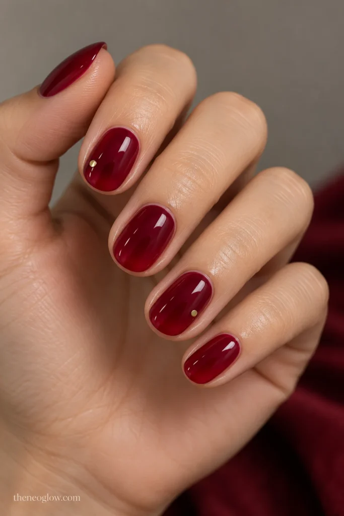 Short oval cranberry jelly nails with tiny champagne-metallic edge dots.