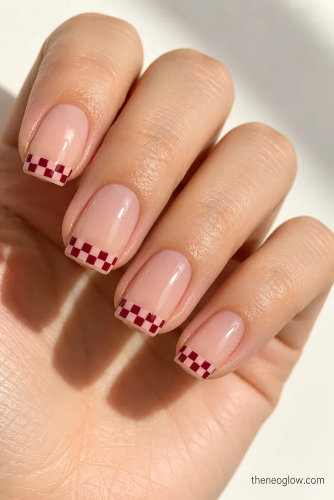 Medium soft-square nails with tiny cranberry and blush checker patterns across the tips.