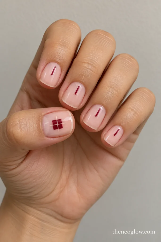 Short blush square nails with a small cranberry gift-box design crossed by cream lines on the thumb.